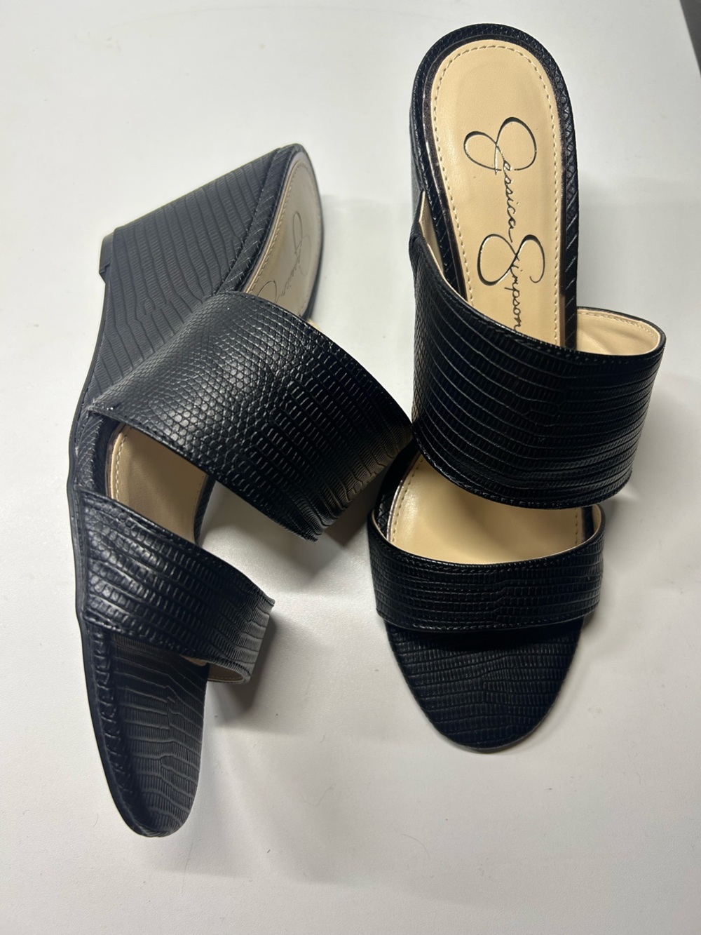Jessica Simpson Black Textured Double-Strap Wedge Sandals